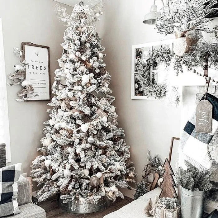 White Christmas Tree Ideas from The Barnwood Farmhouse with a rustic wooden and white decorated tree