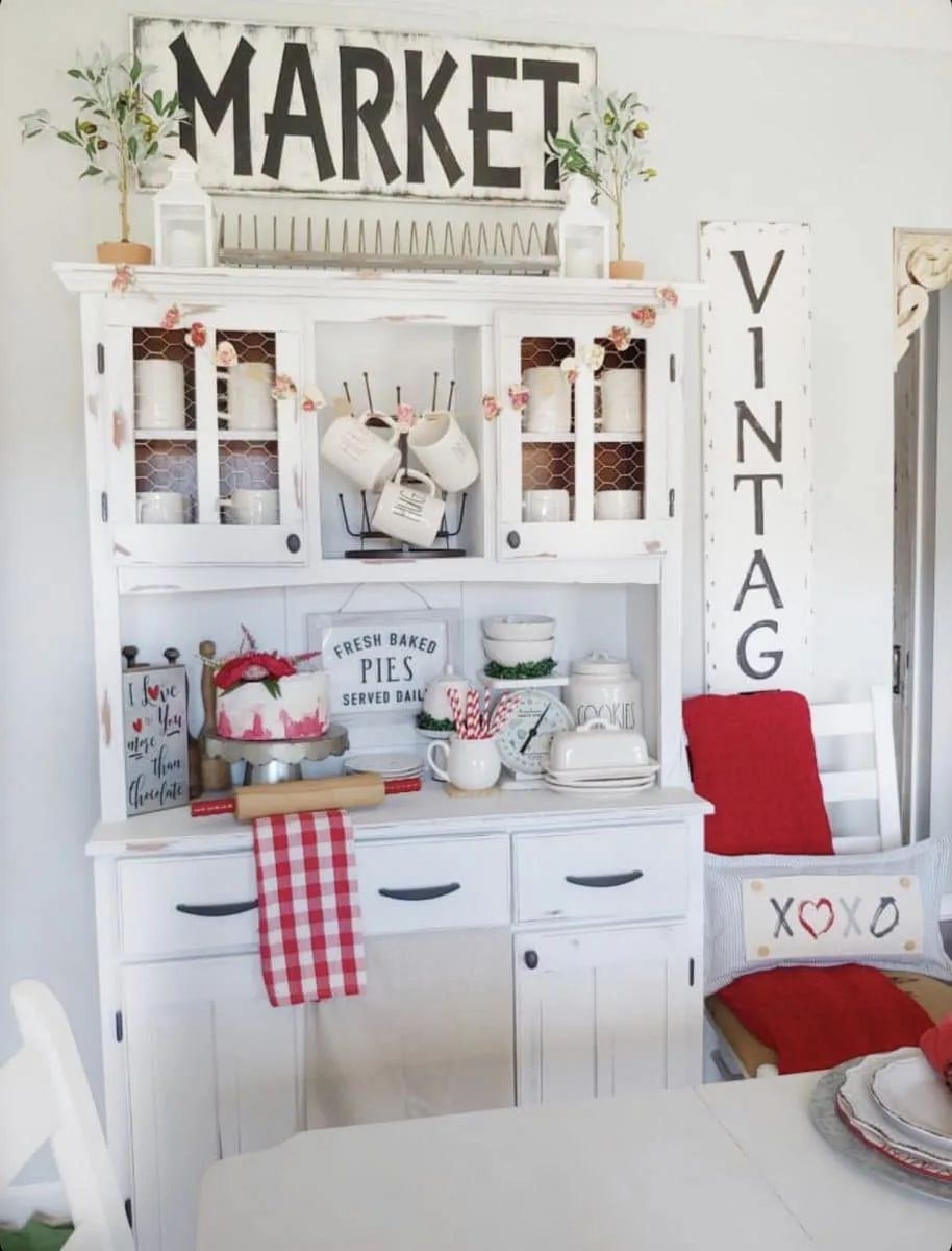 Valentine Decoration Ideas using a Hutch with Fallons Homestead