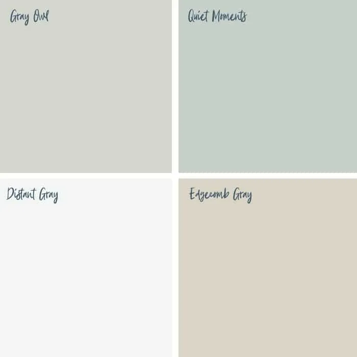 Benjamin Moore Farmhouse Paint Colors that include Gray Owl, Quiet Moments, Distant Gray and Edgecomb Gray
