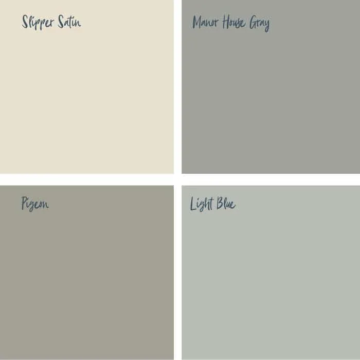 Farmhouse Paint Colors by Farrow & Ball with Slipper Satin, Manor House Gray, Pigeon and Light Blue