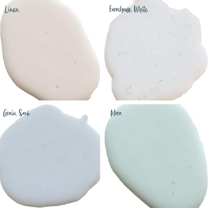 Farmhouse Paint Colors with Miss Mustard Seed's Milk Paint including the colors Linen, Farmhouse White, Grain Sack and Mora