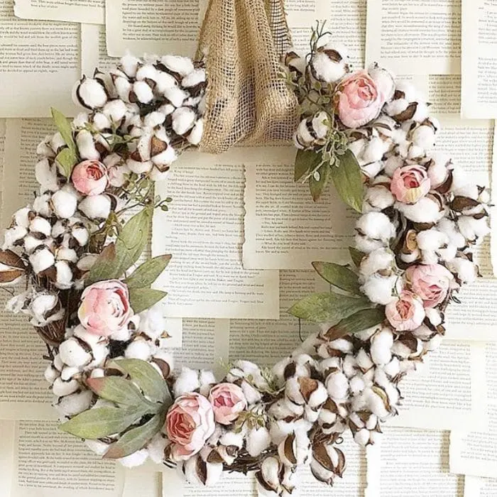 Decorating with Cotton by The Painted Piano with a natural cotton boll filled grapevine wreath