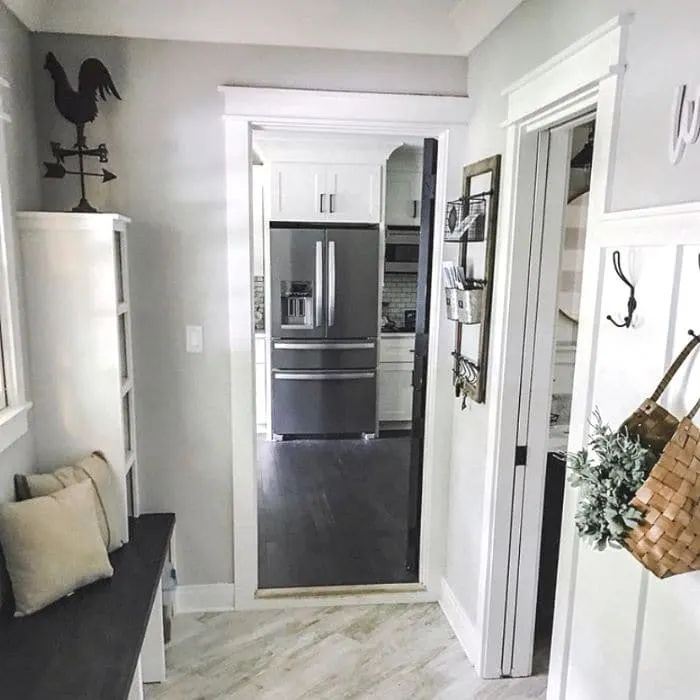 Sherwin Williams Repose Gray in a mudroom by Living With Ants