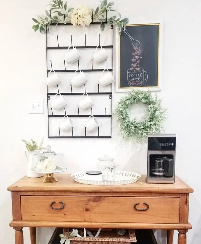 A coffee station with a mug rack and chalkboard by Simply Livin' Grateful