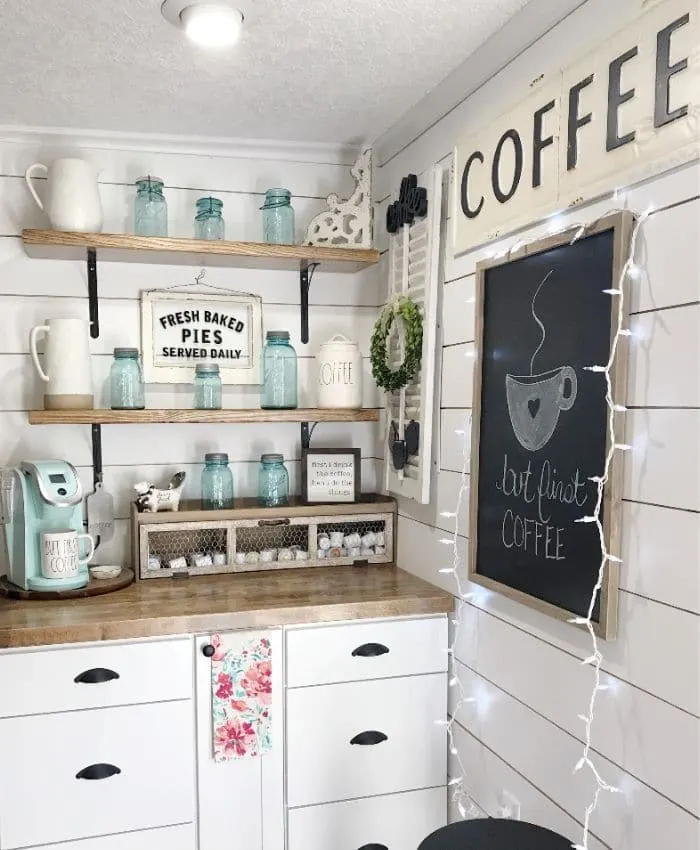 A coffee bar with shiplap from Pammy & Poppy