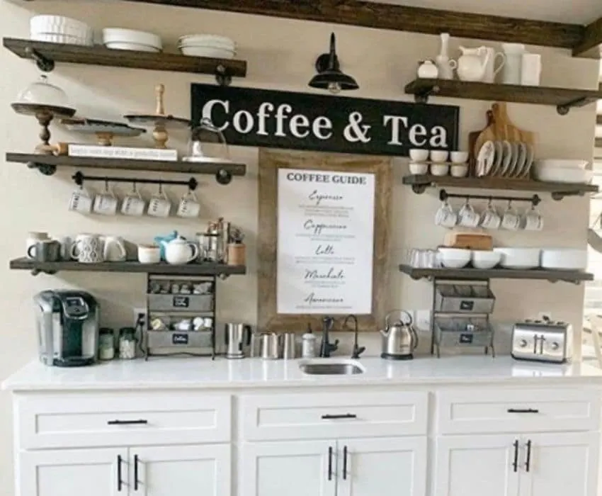 A coffee station with tea and toaster included by Our Hidden Farmhouse