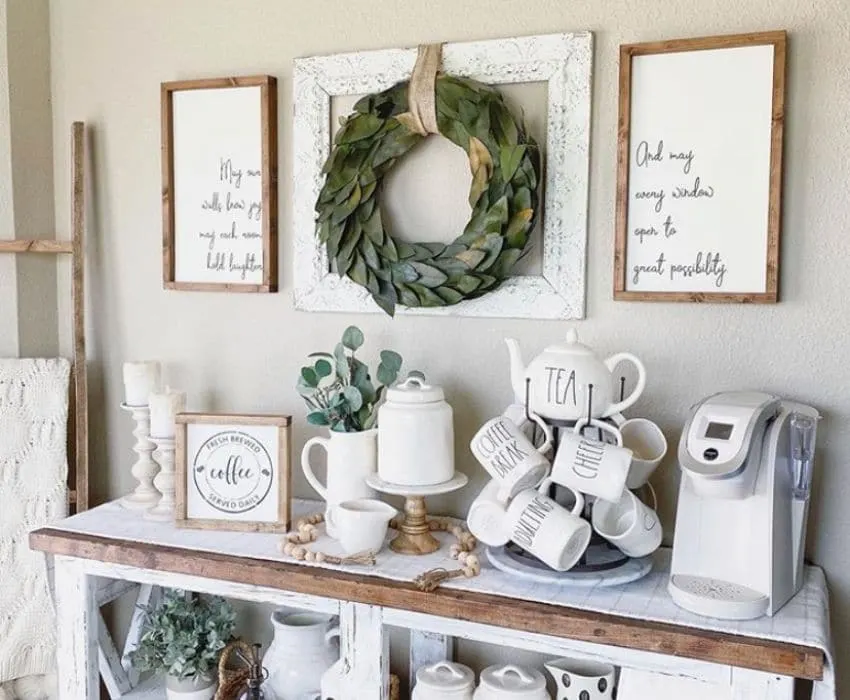A coffee bar with a mug tree and wooden signs by Golden Grace Handmade
