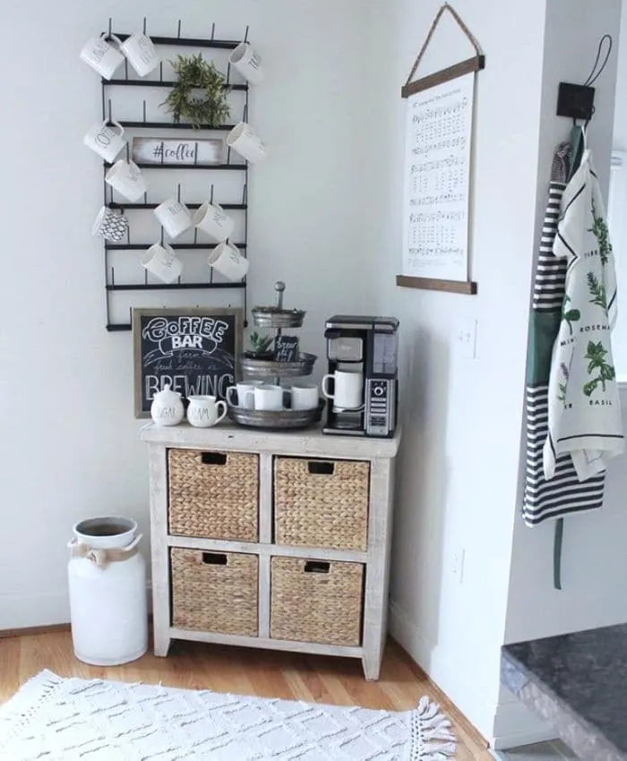 A coffee bar corner with wicker baskets by Kait's Nest