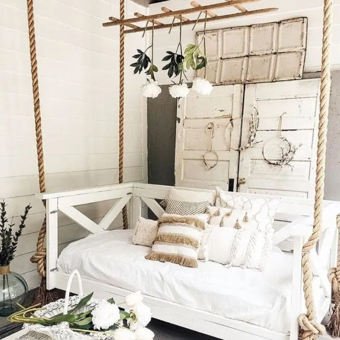 Neutral porch bed swing from Farmhouse Peach Co. 