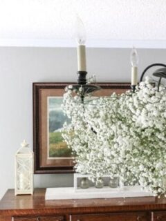 Black chandelier decorated with baby's breath flowers in a dining room.