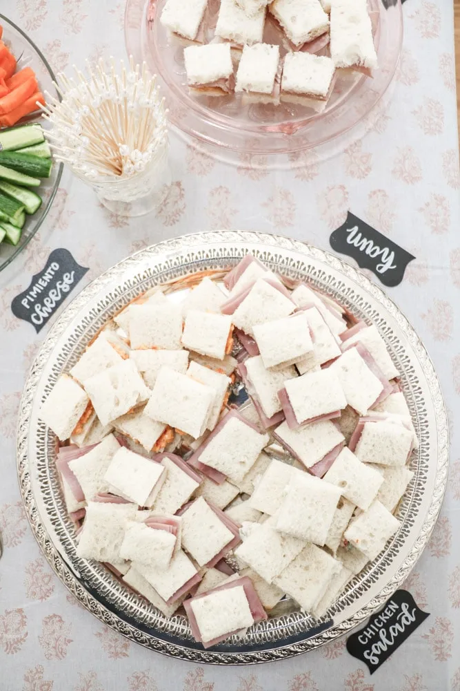 Southern bridal shower finger sandwiches on a silver tray