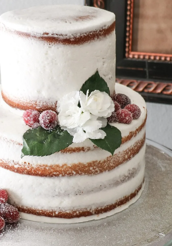 Flowers and sugar covered berries on a naked cake for a Southern bridal shower