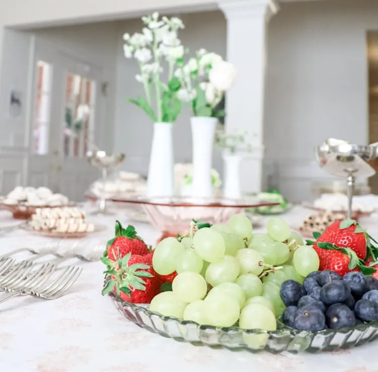 Southern bridal shower with fruit trays, milk glass centerpieces, silver and more.