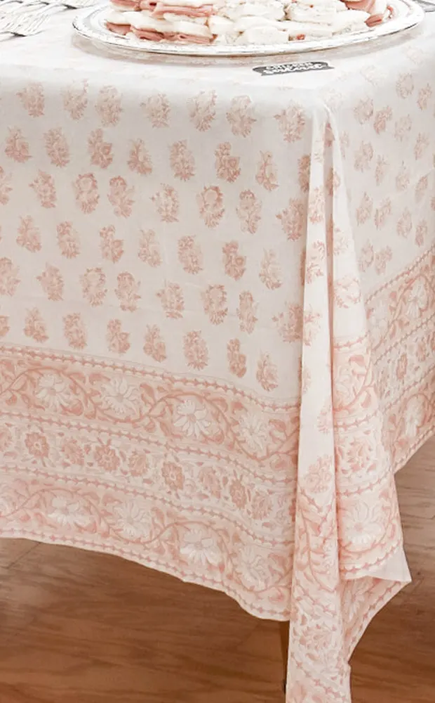 Block print tablecloth in muted pink tones for a Southern bridal shower