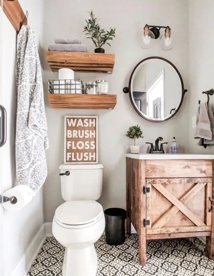 Small bathroom idea with nice wood shelving and cabinet