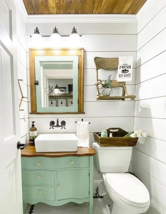 Tiny bathroom with a pop of color from 3 Acre Homestead