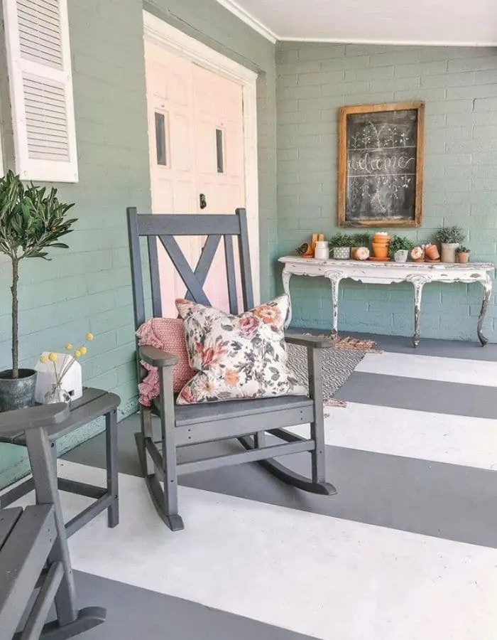 Painted striped concrete porch by Lolly Jane