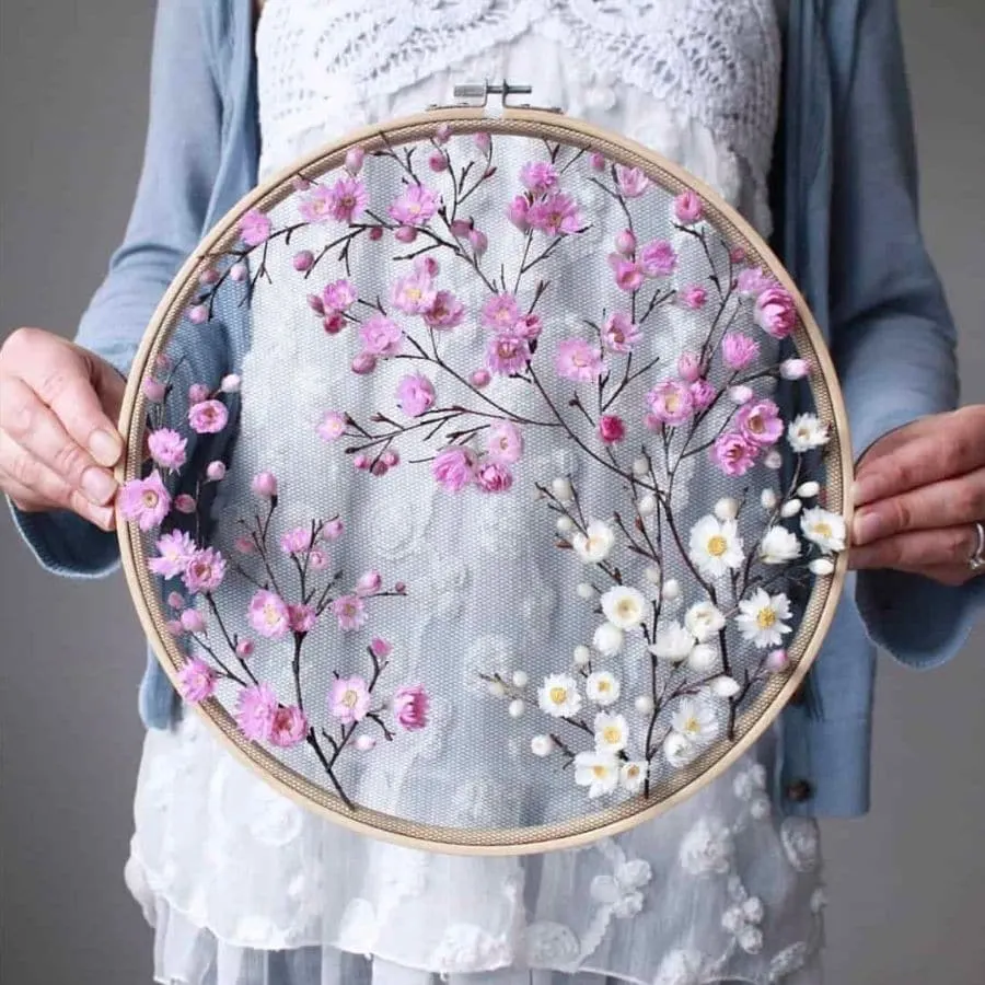 Embroidery hoop art with dried flowers