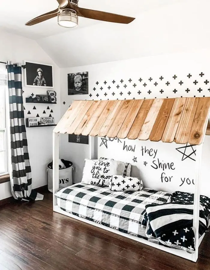 Black & white color schemed boys room by Hello It's Shannon