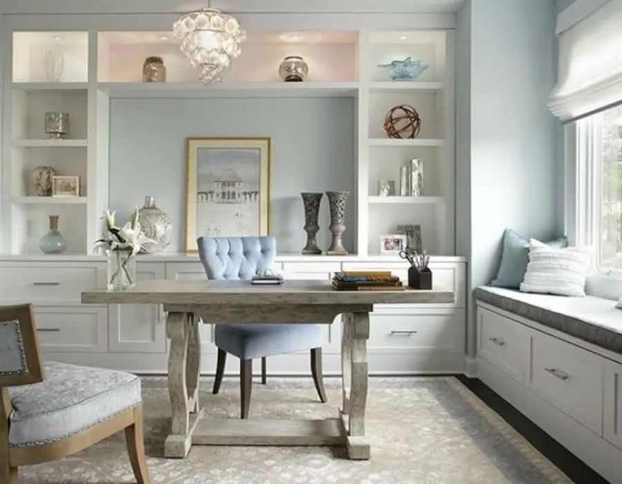 Benjamin Moore's Blue Lace in a farmhouse office by Jennifer Pacca Interiors