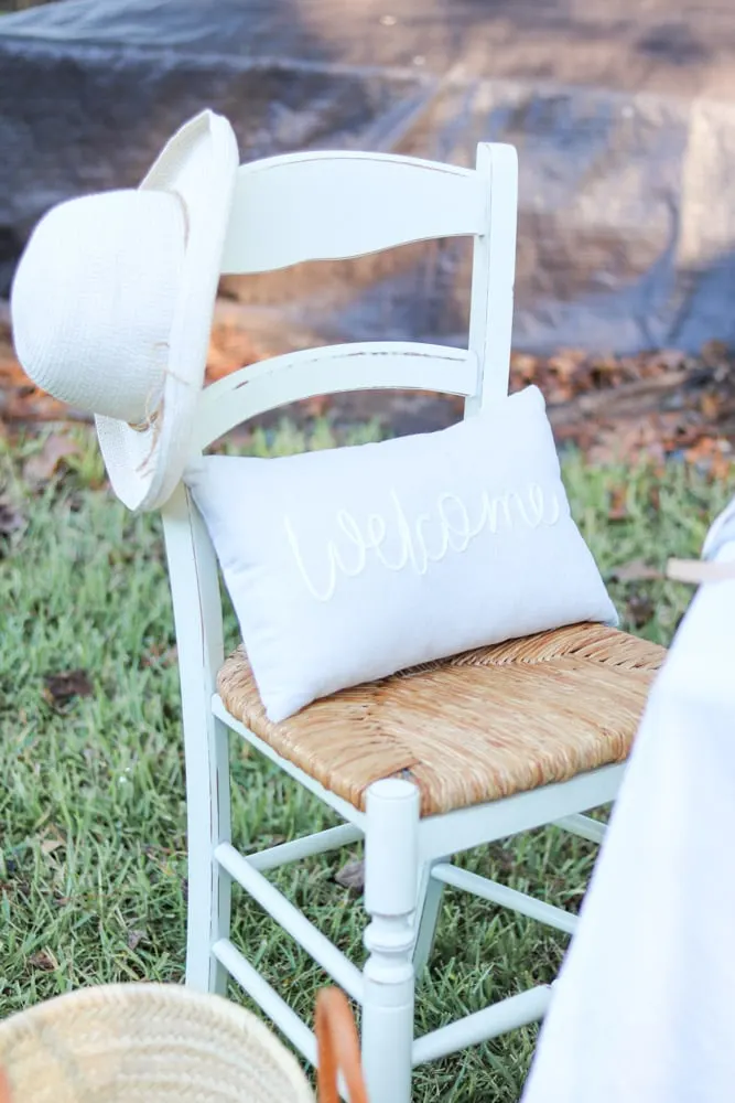 Pillow in chair at an outdoor dinner event