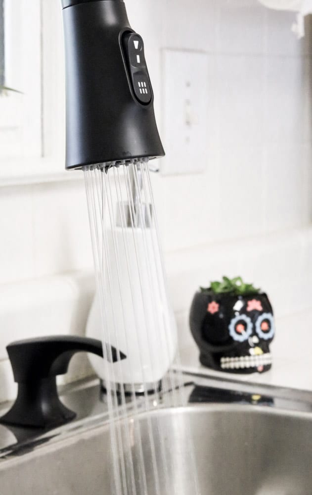 Sprayer attached the to a matte black tall neck faucet