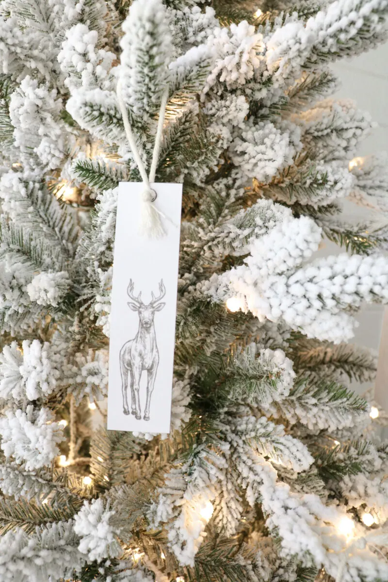 Christmas gift tag ornament printable of a stag hanging on a Christmas tree