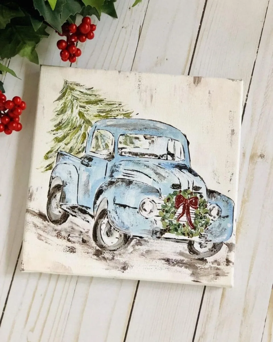 Blue vintage Christmas truck art by Haley B Design