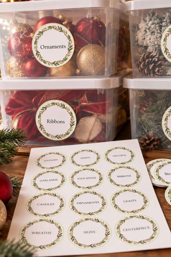 How to organize Christmas decorations with wreath labels on clear storage bins