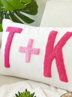 Punch needle monogram pillow for Valentine's day