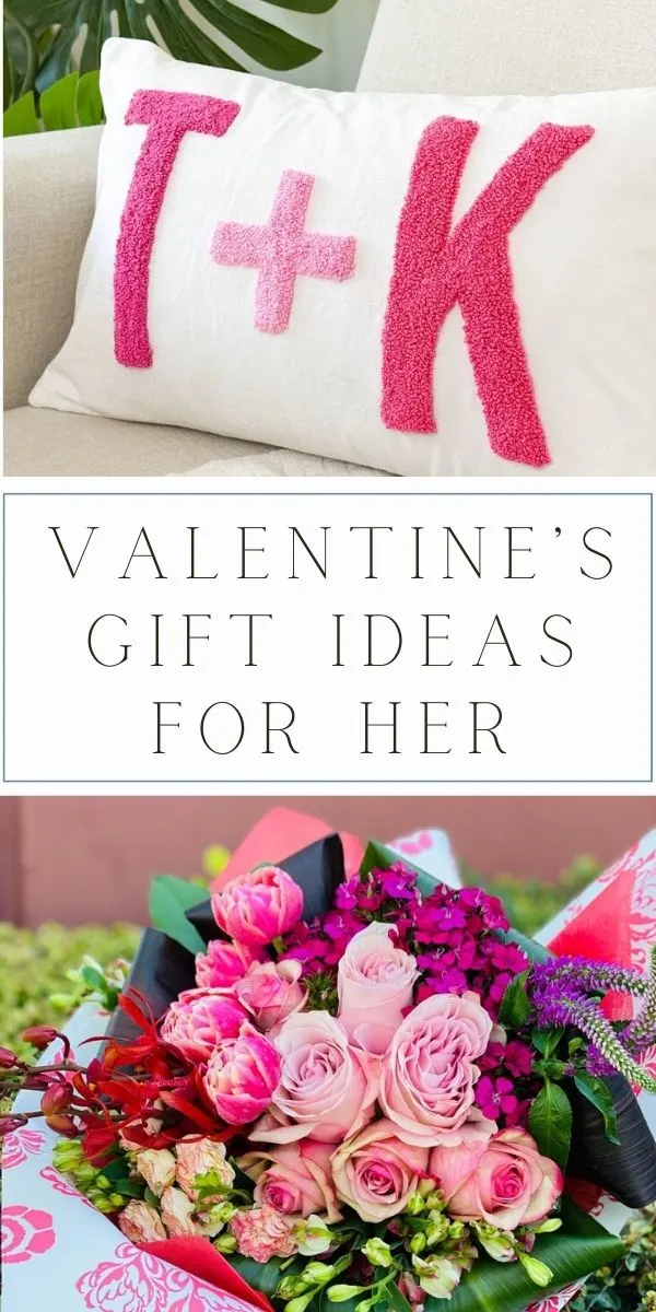 Valentine gift ideas for her like monogram pillows and subscription flowers
