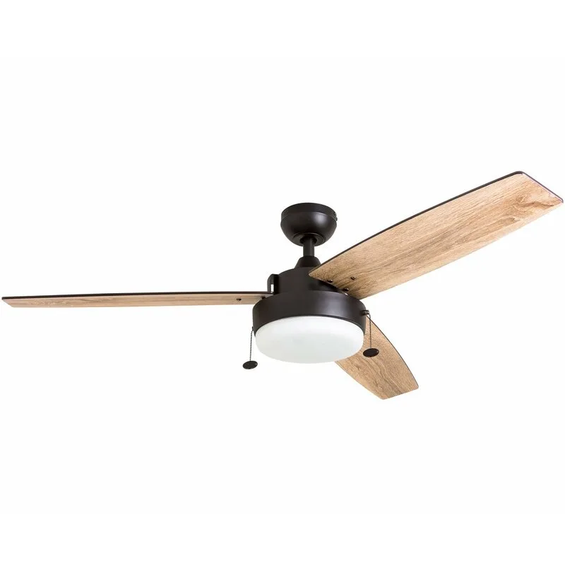 Modern farmhouse ceiling fan with three blades, 52" light wood blades, oil rubbed bronze body and light.