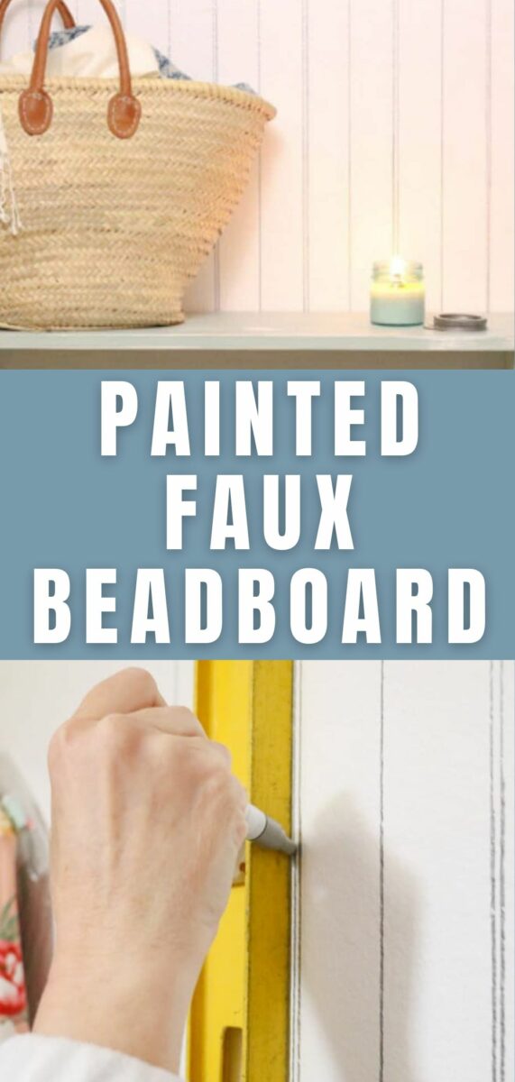 DIY faux beadboard wall created with painted lines using a marker to mimic vertical beadboard paneling. Budget-friendly wainscoting idea with beadboard trim and modern cottagecore style.