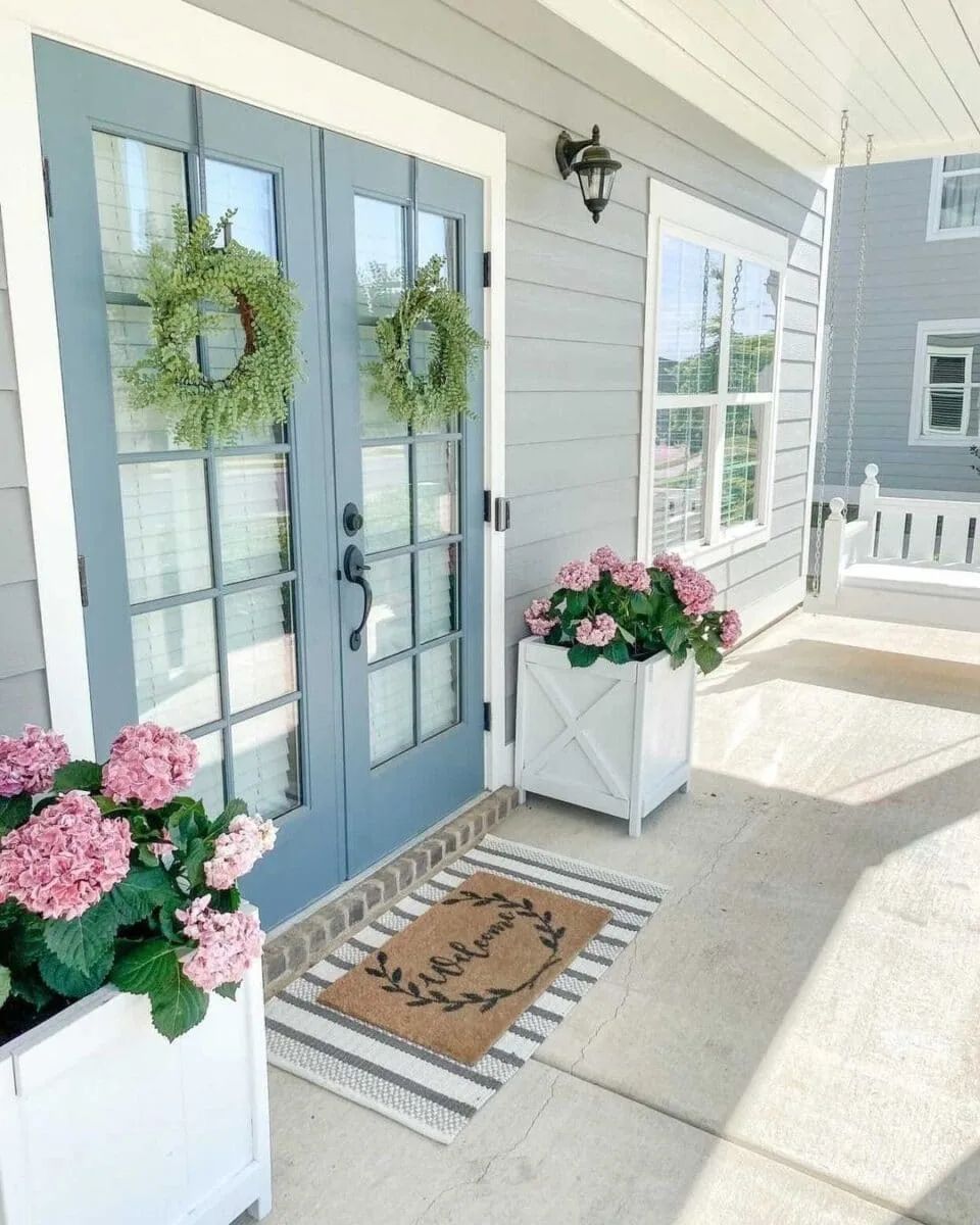 Spring hydrangea flowers decorating a front door