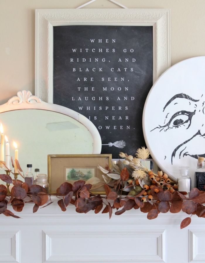 Halloween printable wall art witch quote chalkboard print and moon face on spooky Halloween mantel