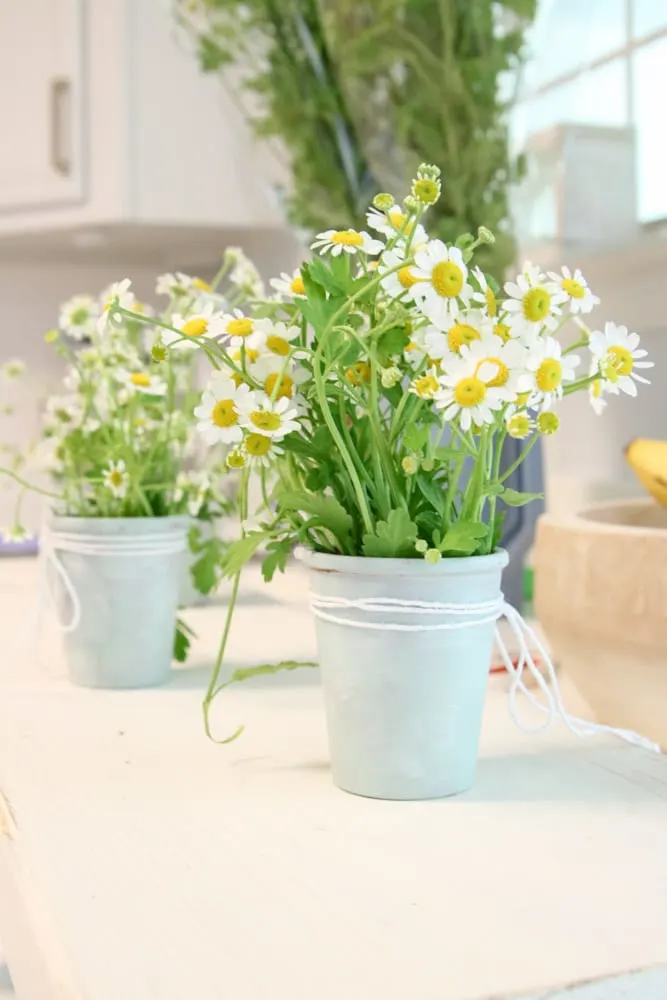 Easy DIY spring centerpiece with vintage clay pots and chamomile flowers