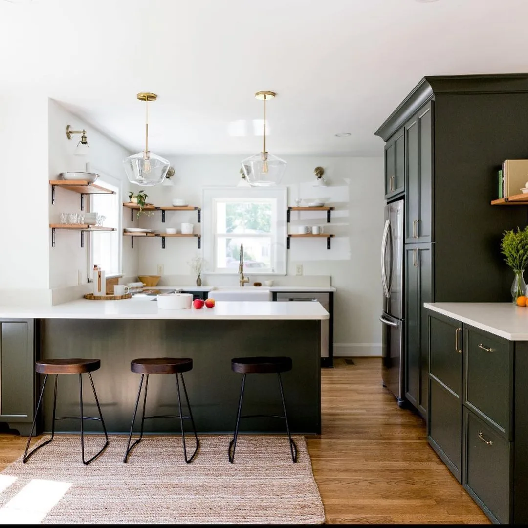 Best Sherwin Williams green paint color Ripe Olive on kitchen cabinets