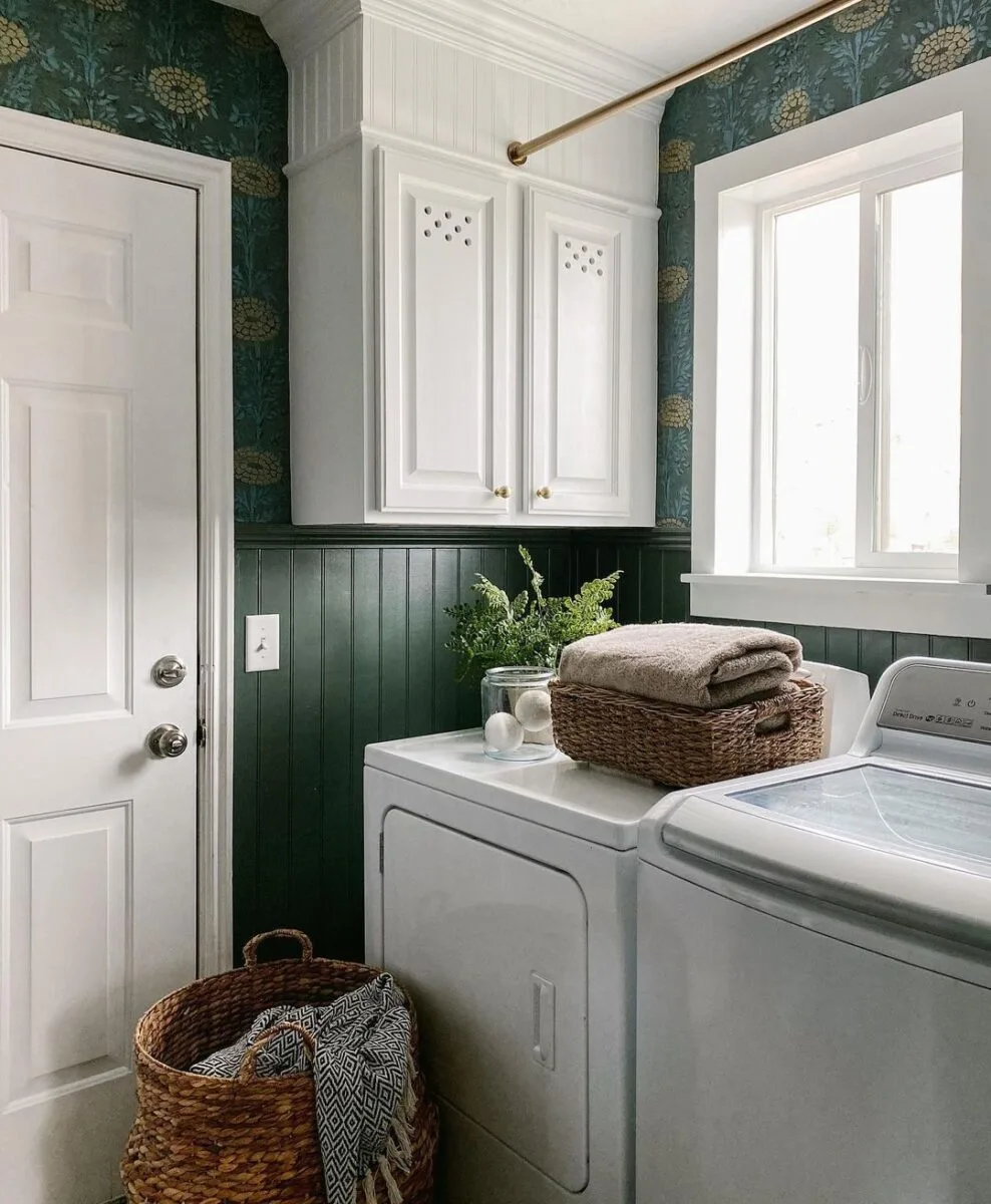 Popular SW dark green paint color Pewter Green in a laundry room