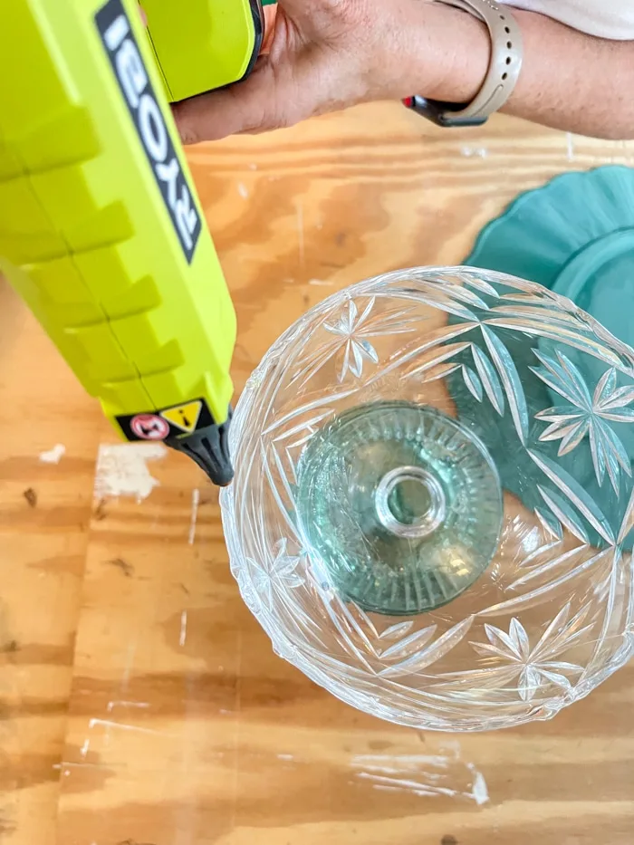 Glue glass dishes together to make a bird bath