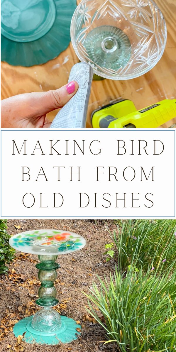 Making bird bath from old dishes