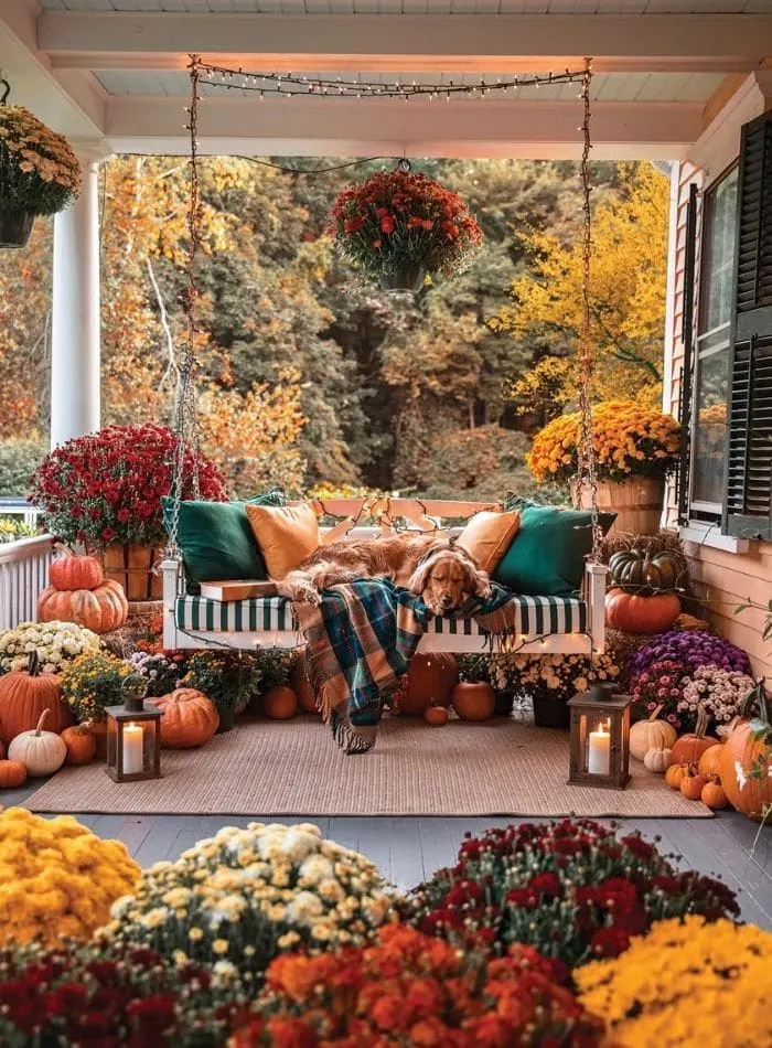 Fall front porch decorated with mums