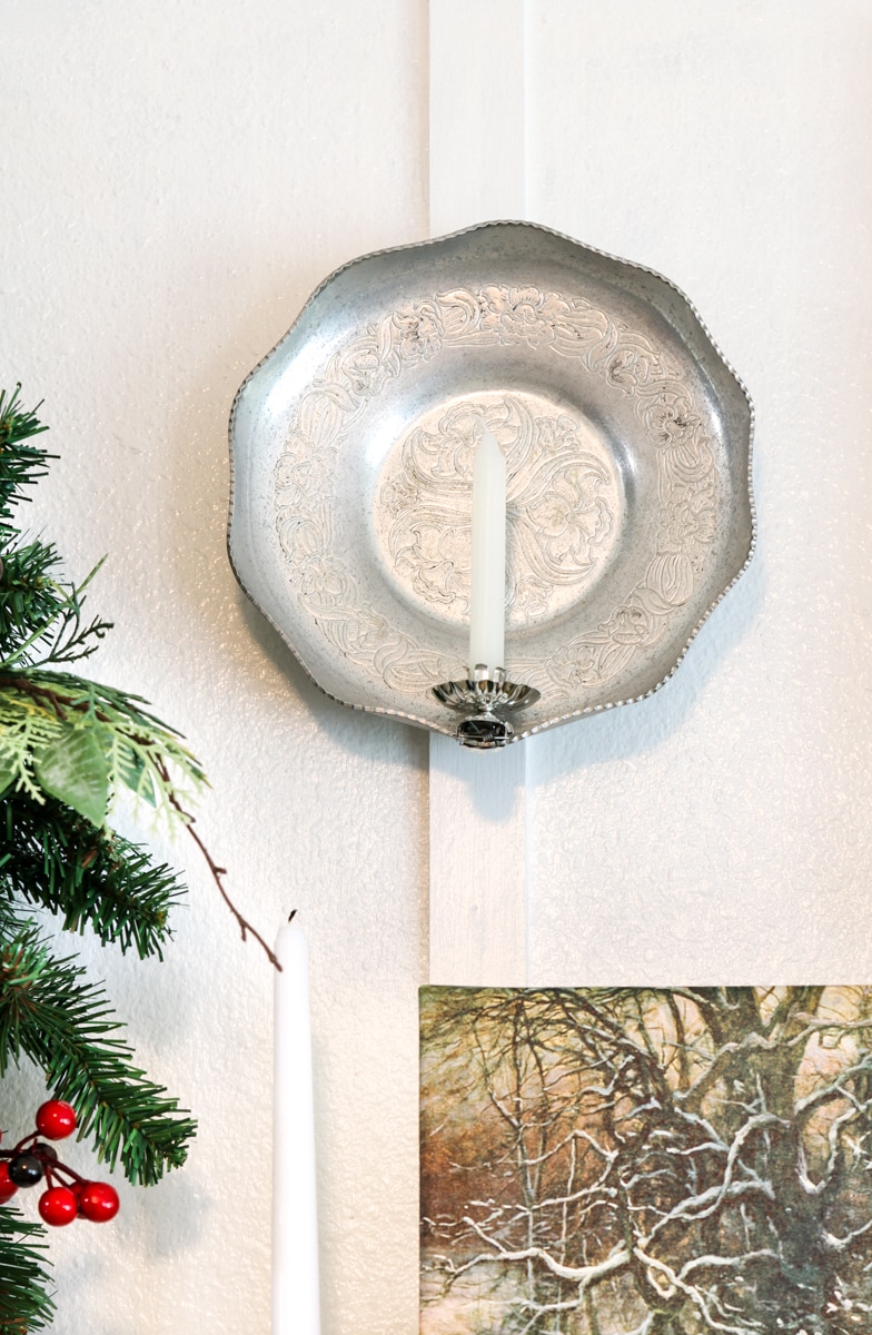 Christmas mantel idea using vintage pewter plate