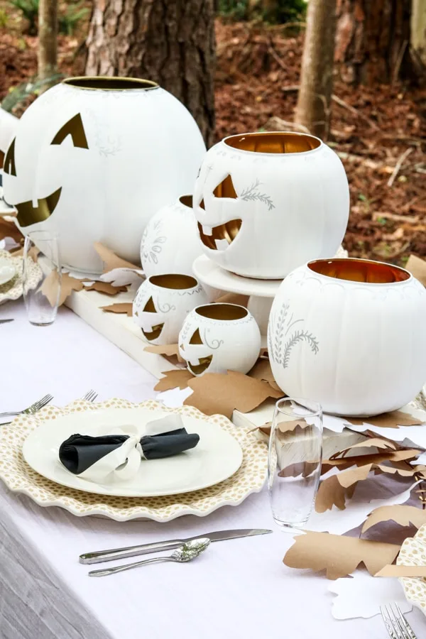 Thrift store jack o lanterns painted white and gold