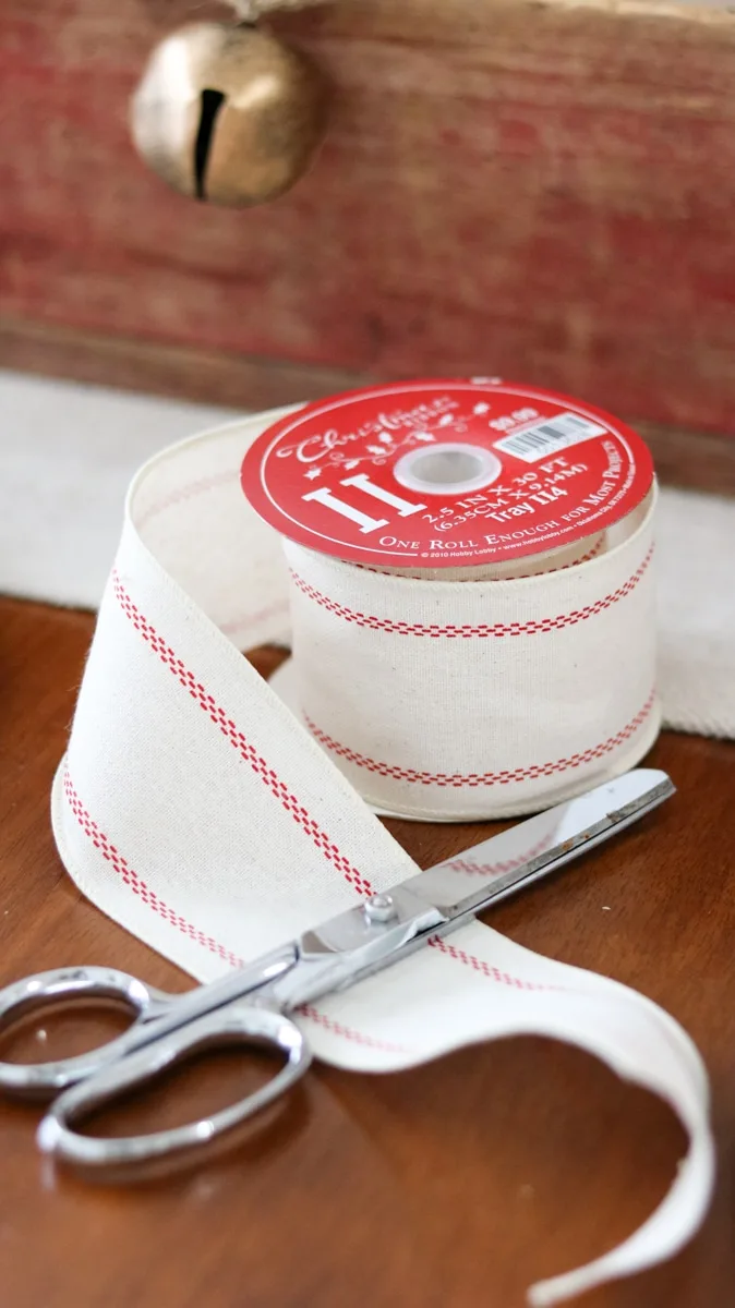 Farmhouse ribbon for Christmas in white and red ticking