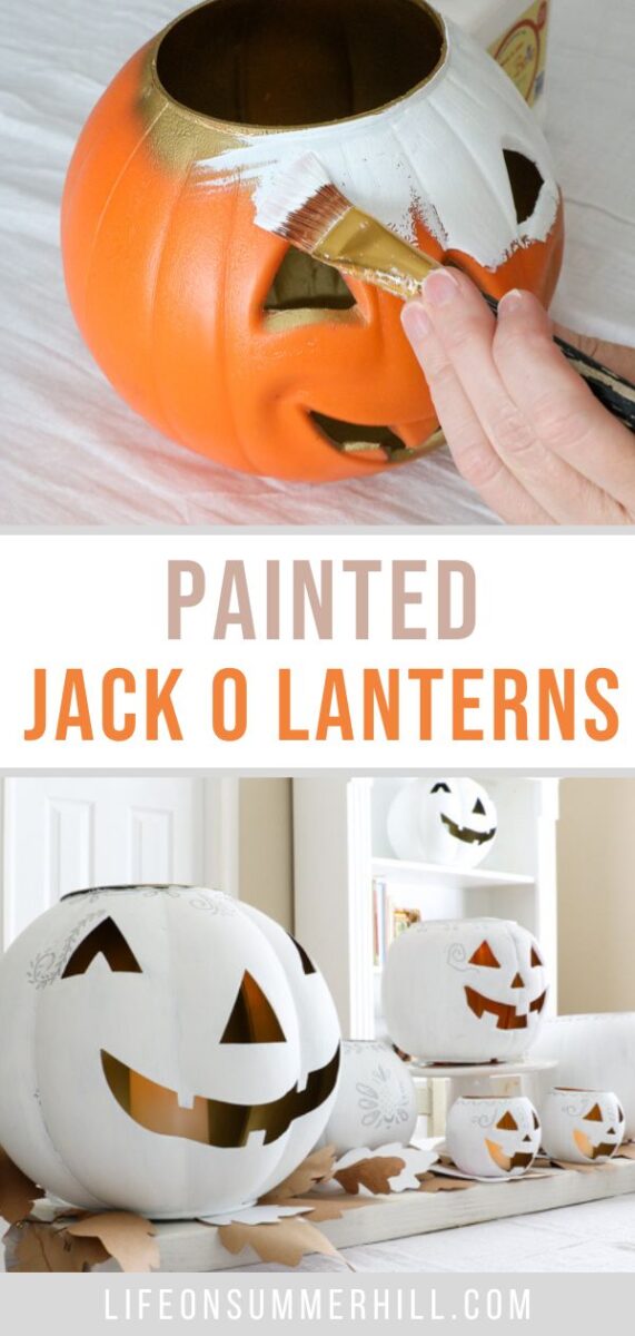 white jack o lantern decor of painted jack o lanterns