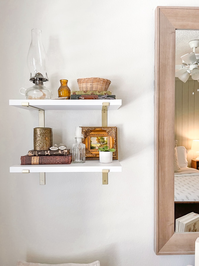 Vintage accessories on wall shelves