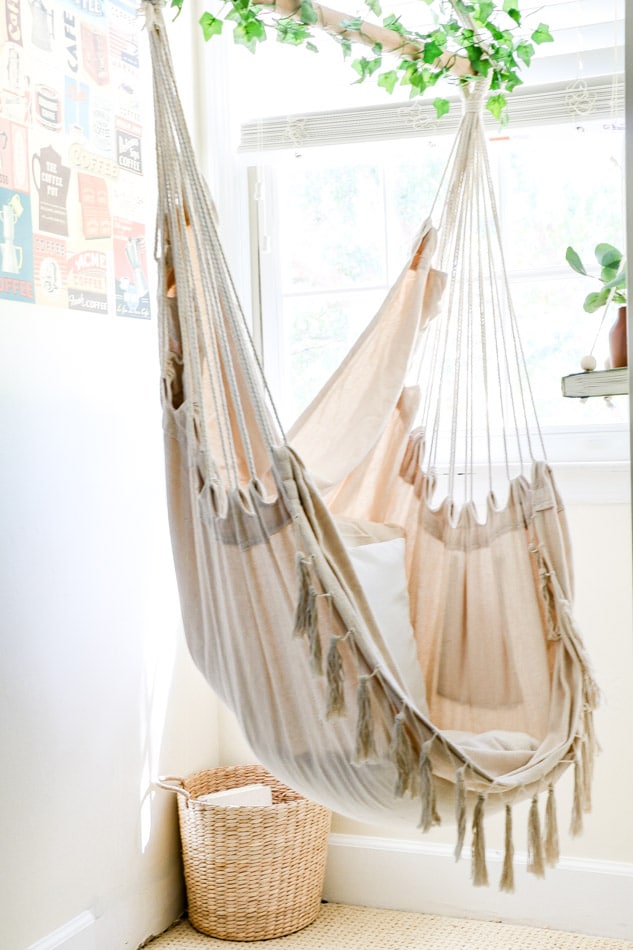 Hanging chair in a reading nook