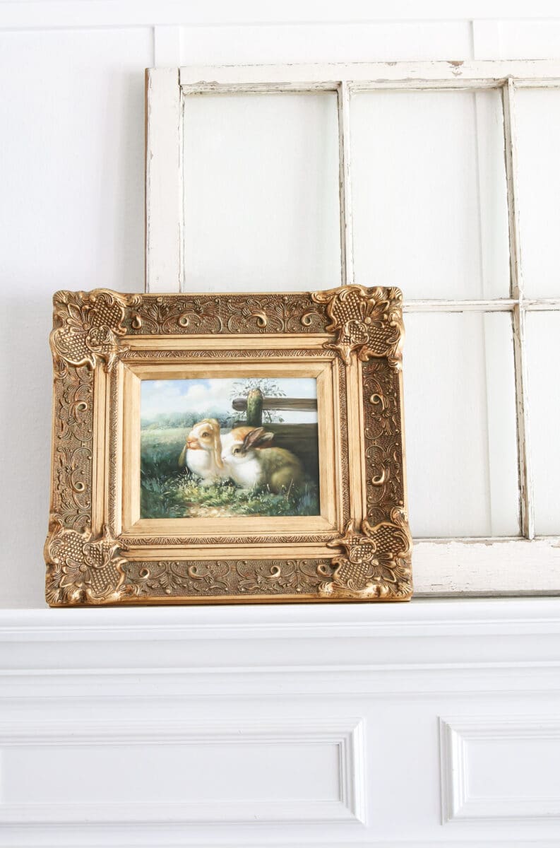 Vintage bunny rabbit oil painting with ornate frame