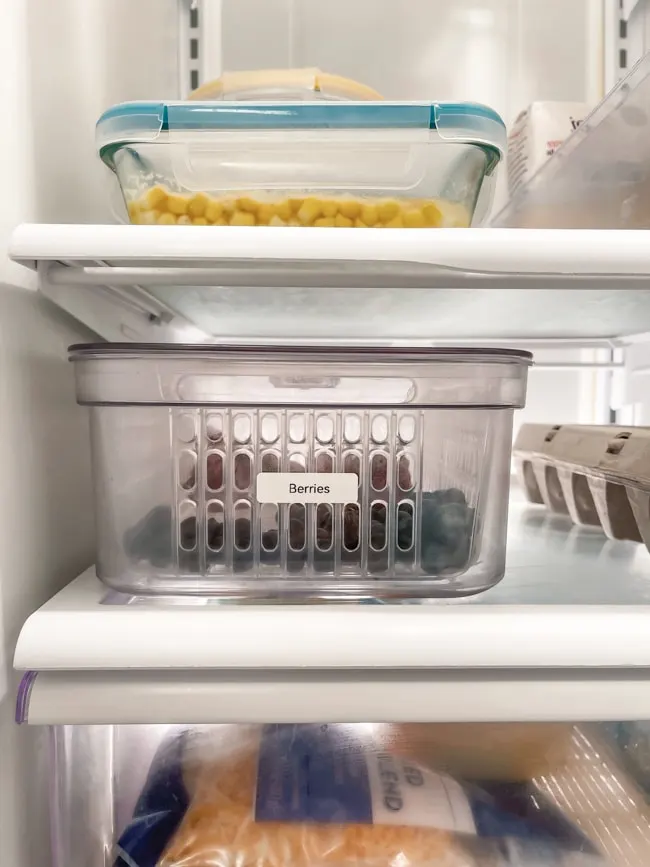 Berry basket storage container in a side by side fridge