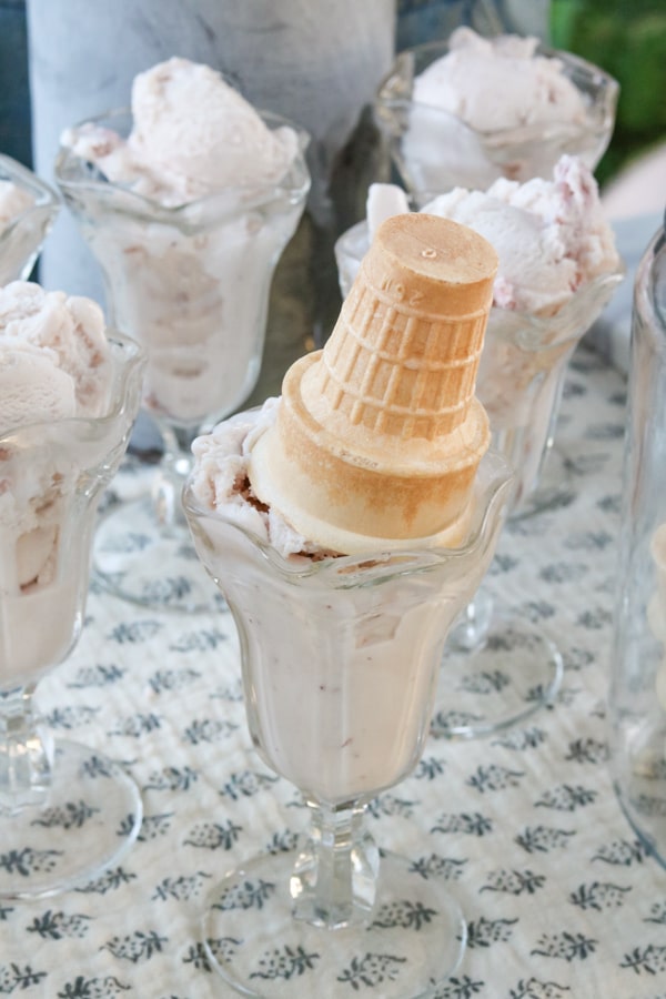 Ice cream sundae with cone on top